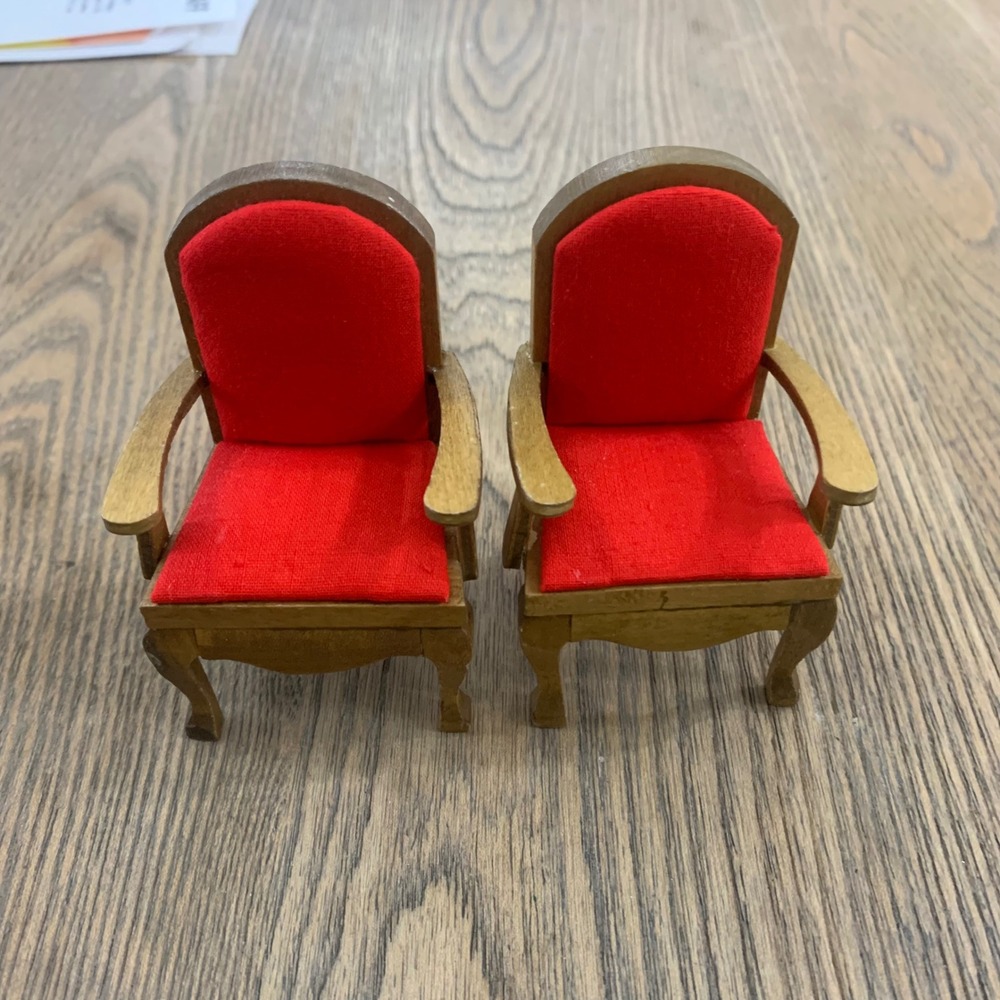 Vintage Miniature Wood Red Velvet Armchairs Dollhouse Furniture Set of 2